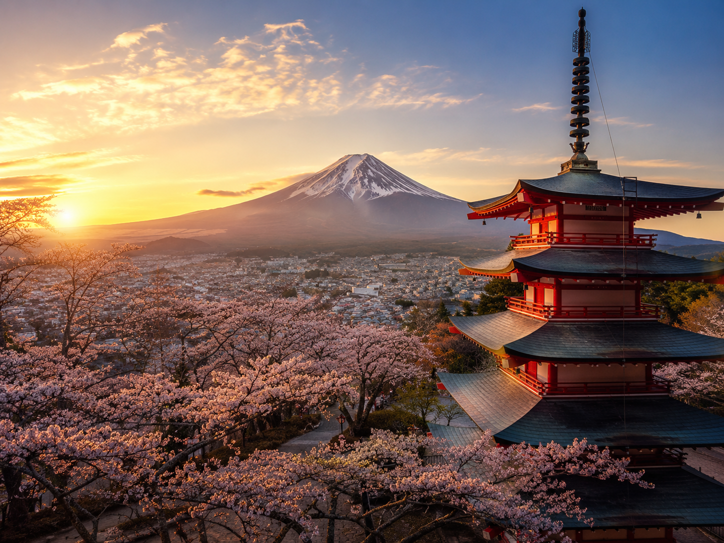 Mount Fuji with pagoda at sunrise