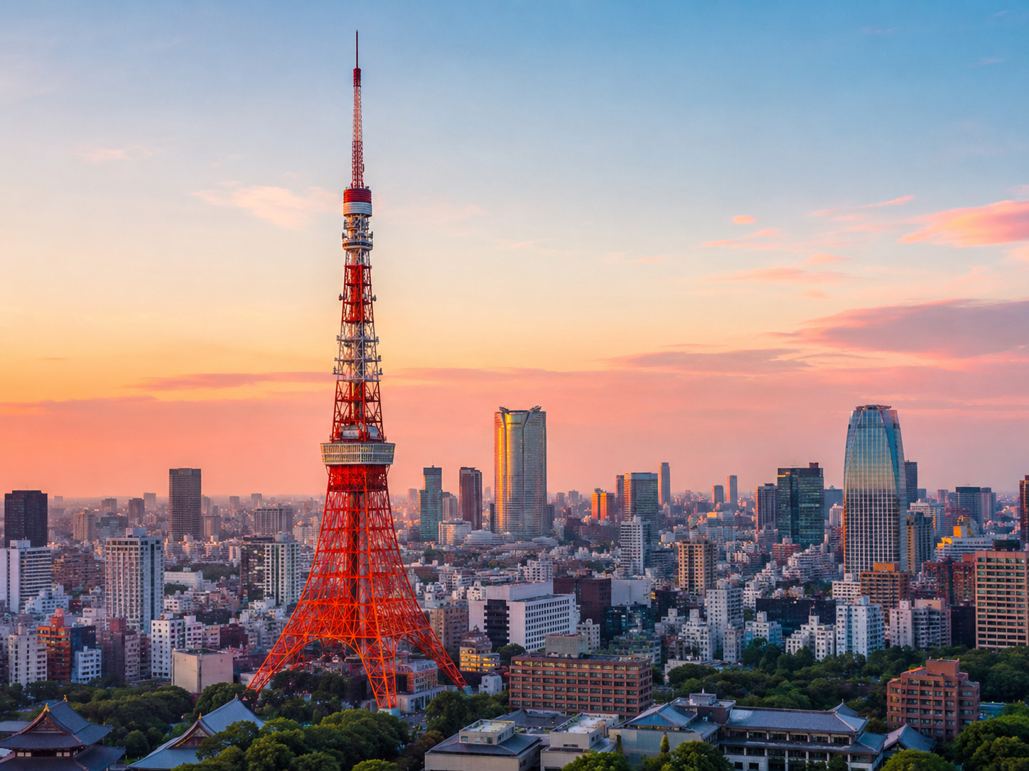 Tokyo skyline at dusk with Tokyo Tower