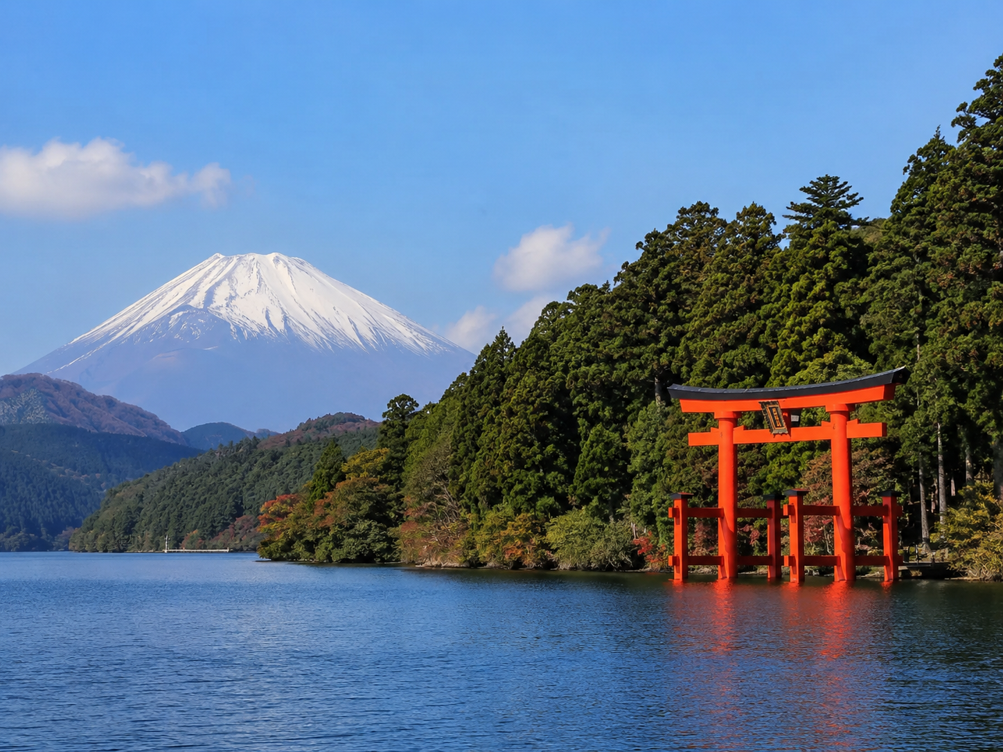 Mount Fuji with lake and torii gate