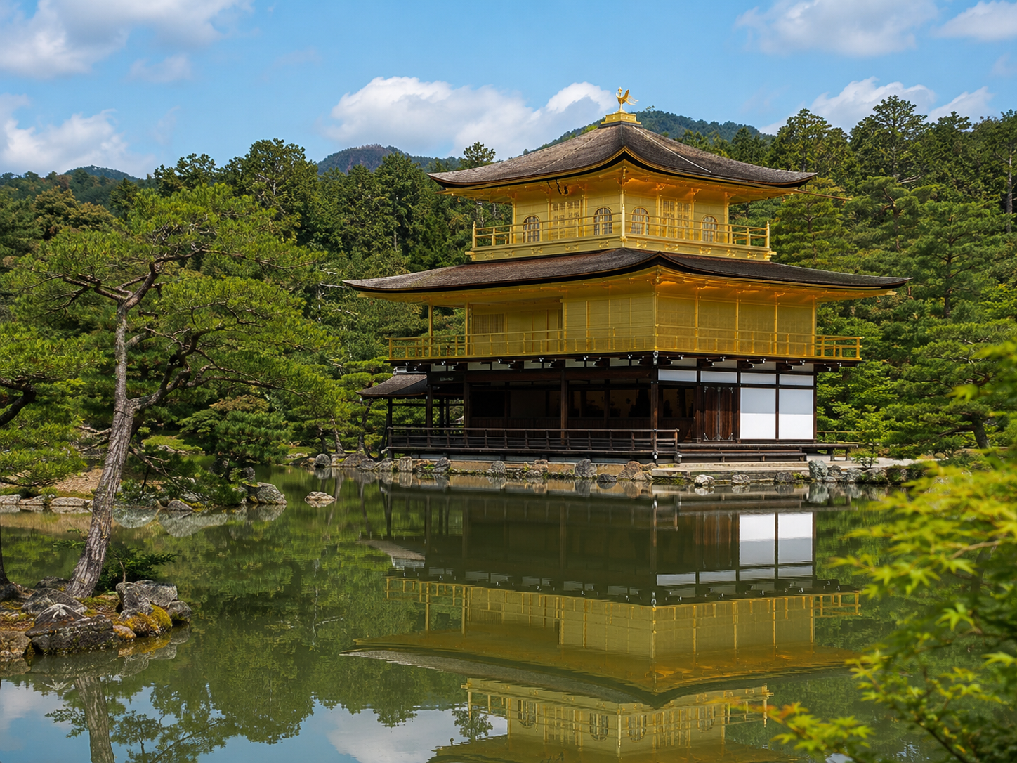 Golden temple with garden reflection