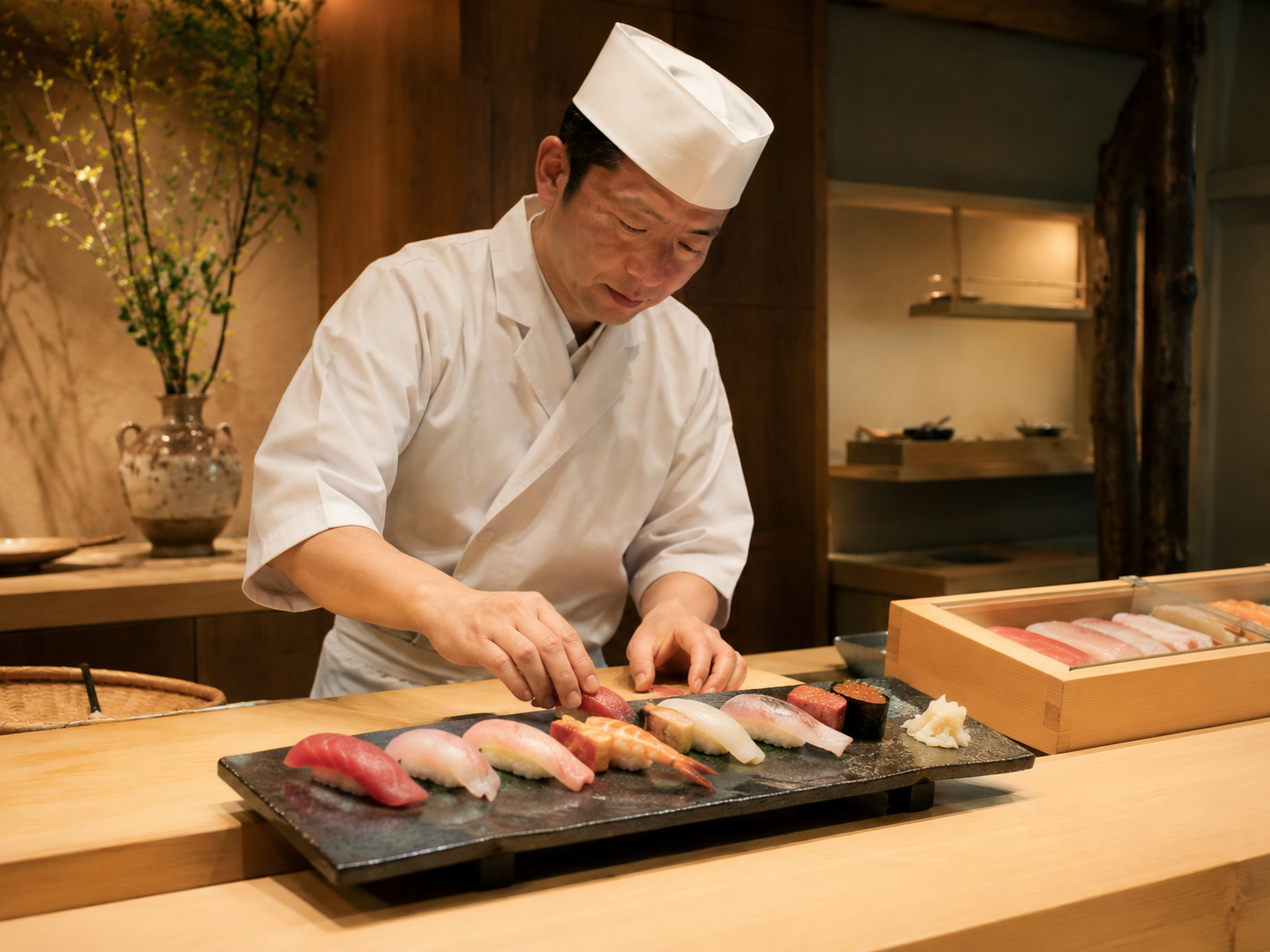 Sushi chef at work in traditional setting