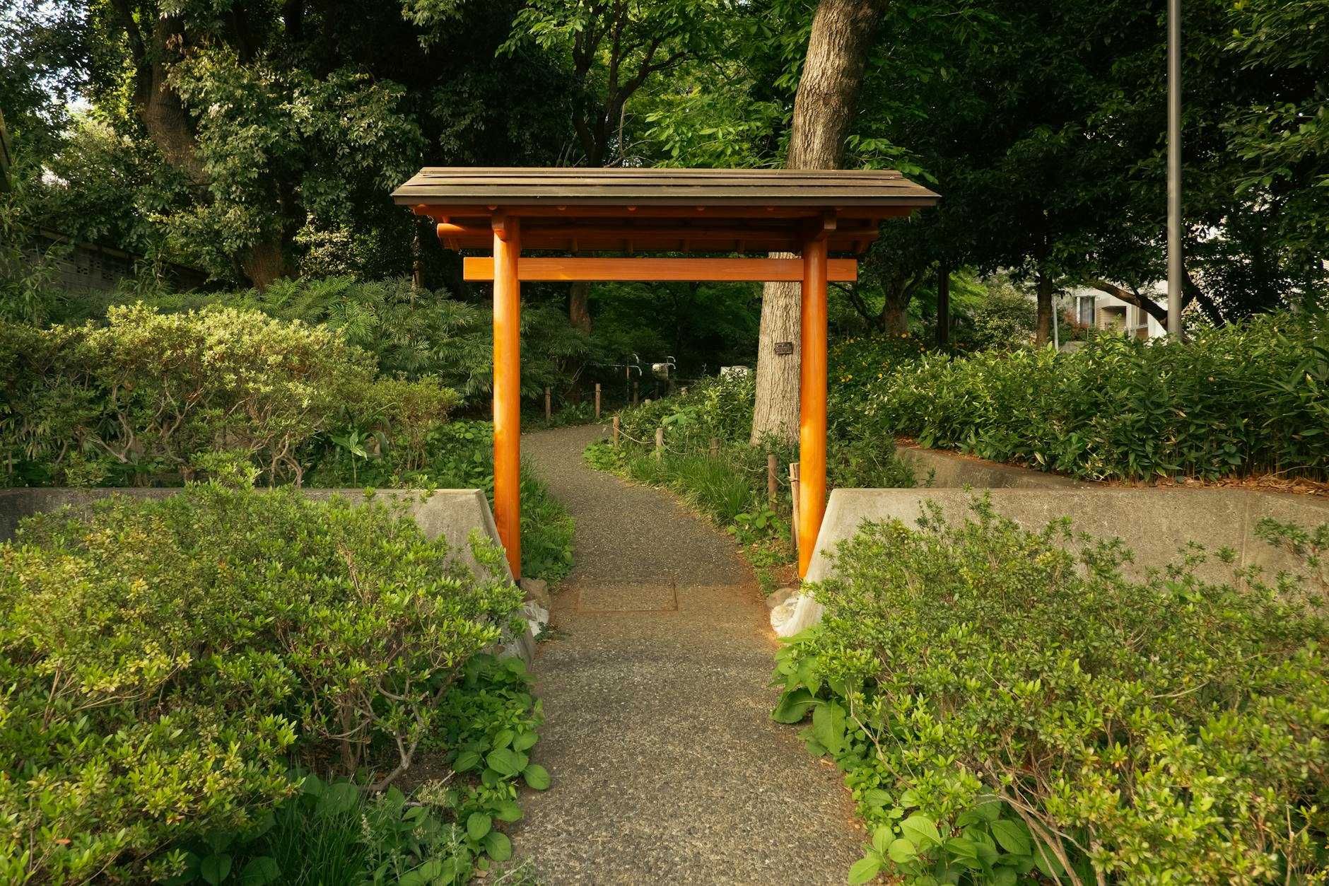 Serene view of a traditional Japanese Torii gate amidst lush greenery in a Tokyo garden.
