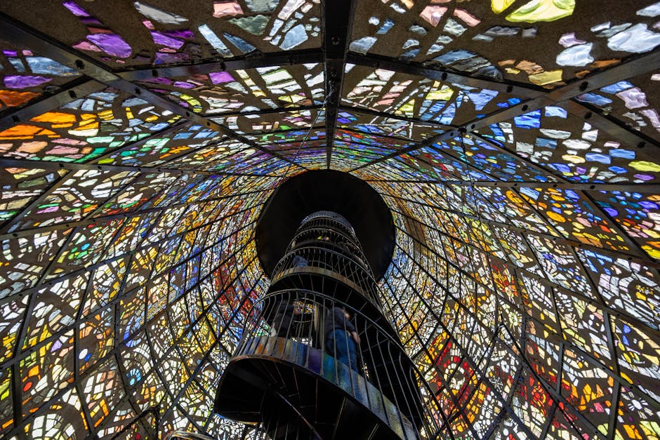 Stunning view from inside a colorful stained glass tower in Hakone, Japan.