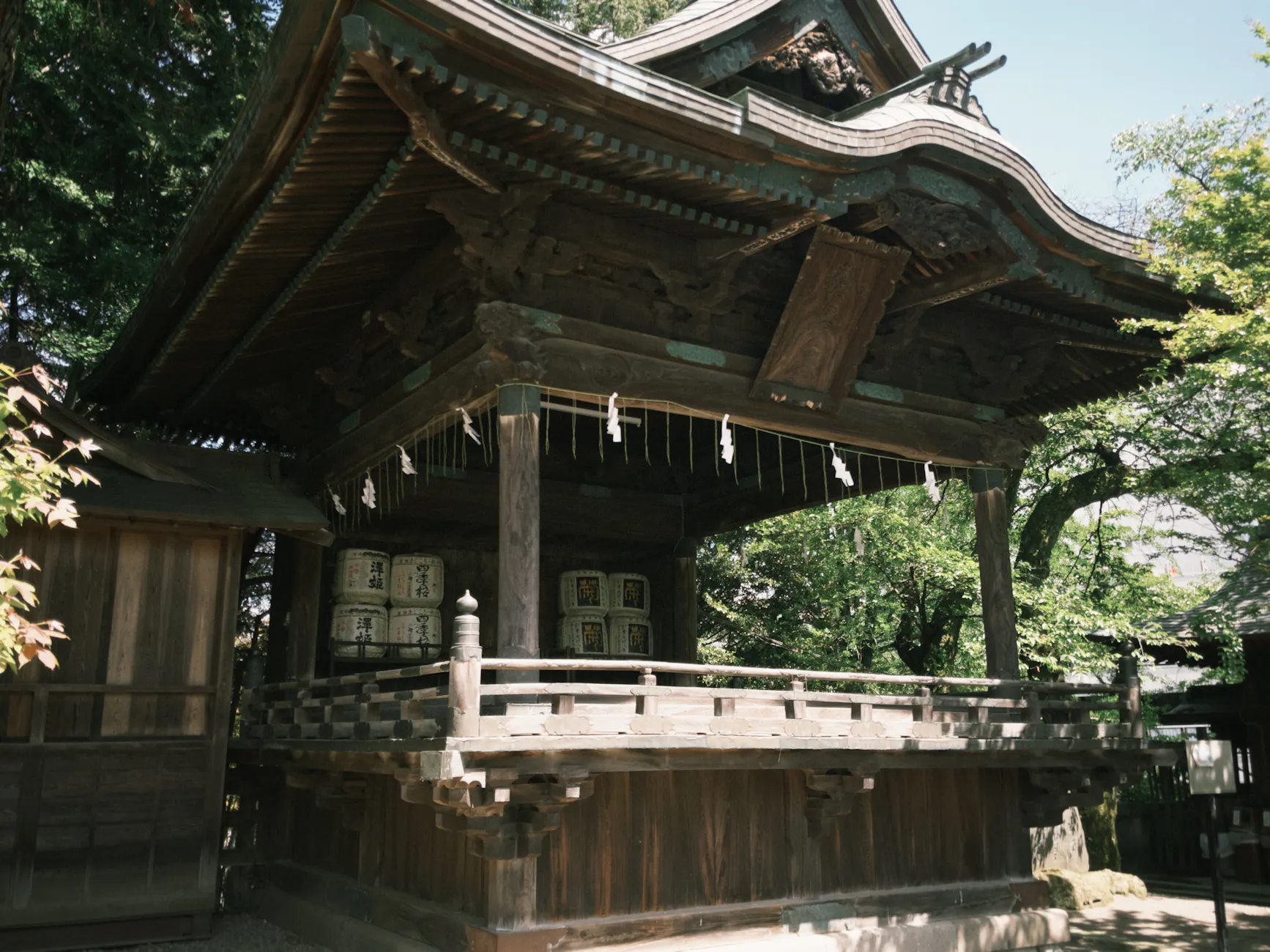 A wooden Japanese shrine surrounded by lush forest greenery under a clear sky.