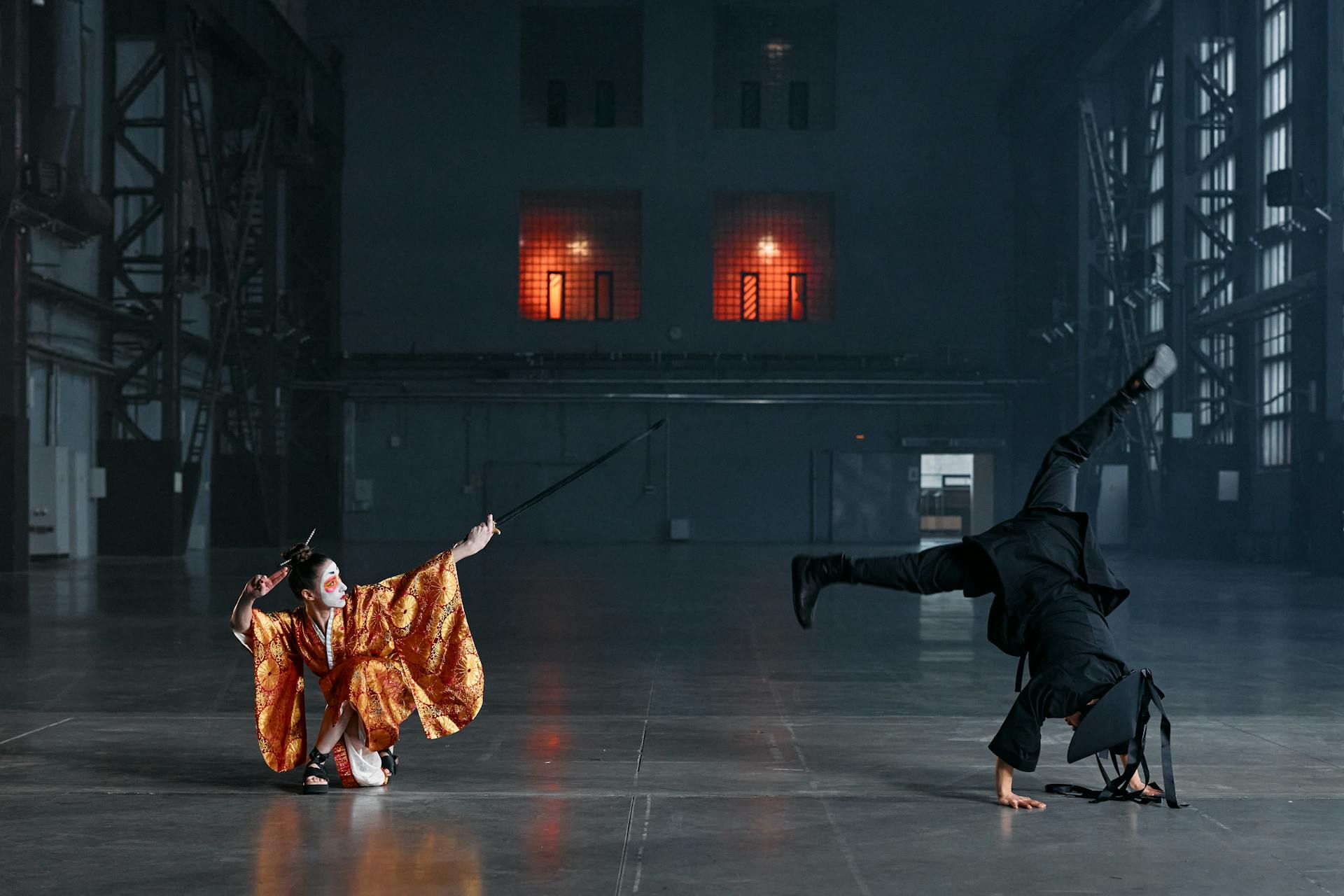Japanese martial arts sword duel practitioners in traditional costumes