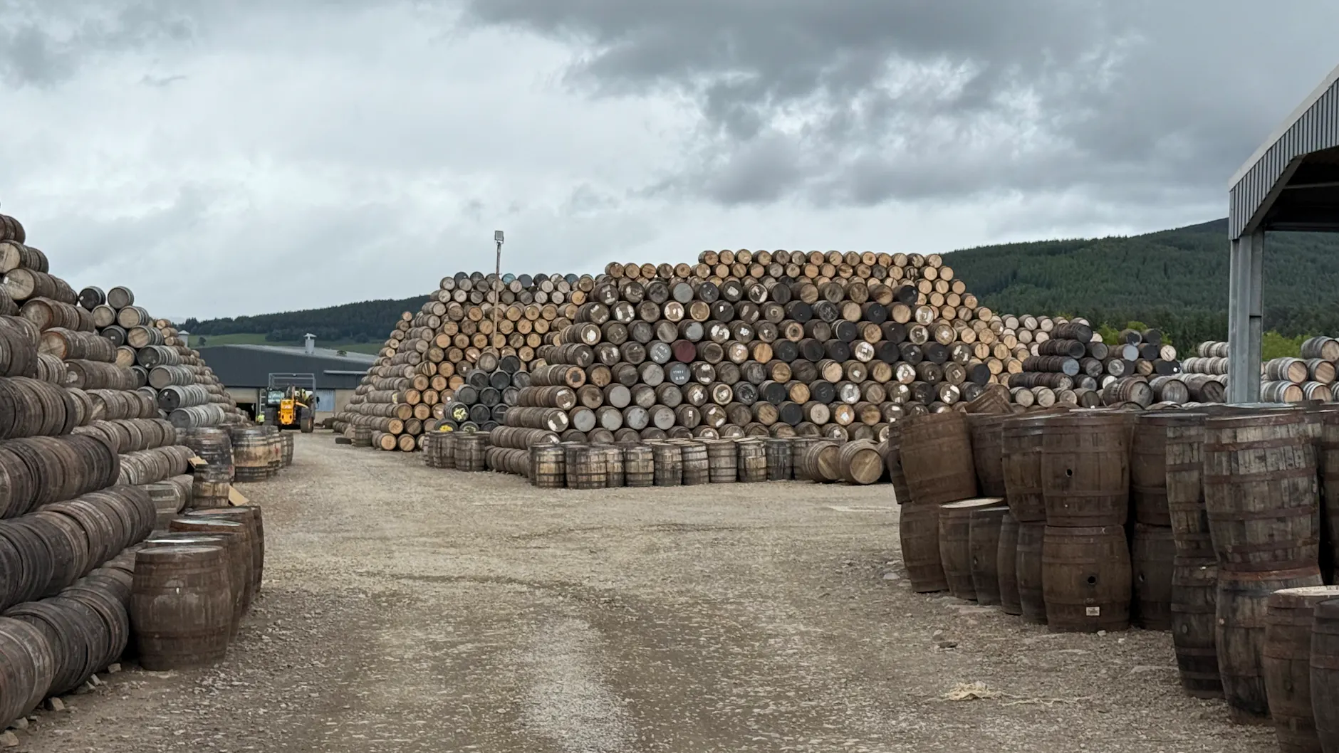 Wide view of stacked whisky barrels outdoors with overcast sky in Scotland.