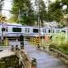 A train crosses a bridge in Kamakura, Japan, amidst lush greenery and cherry blossoms.
