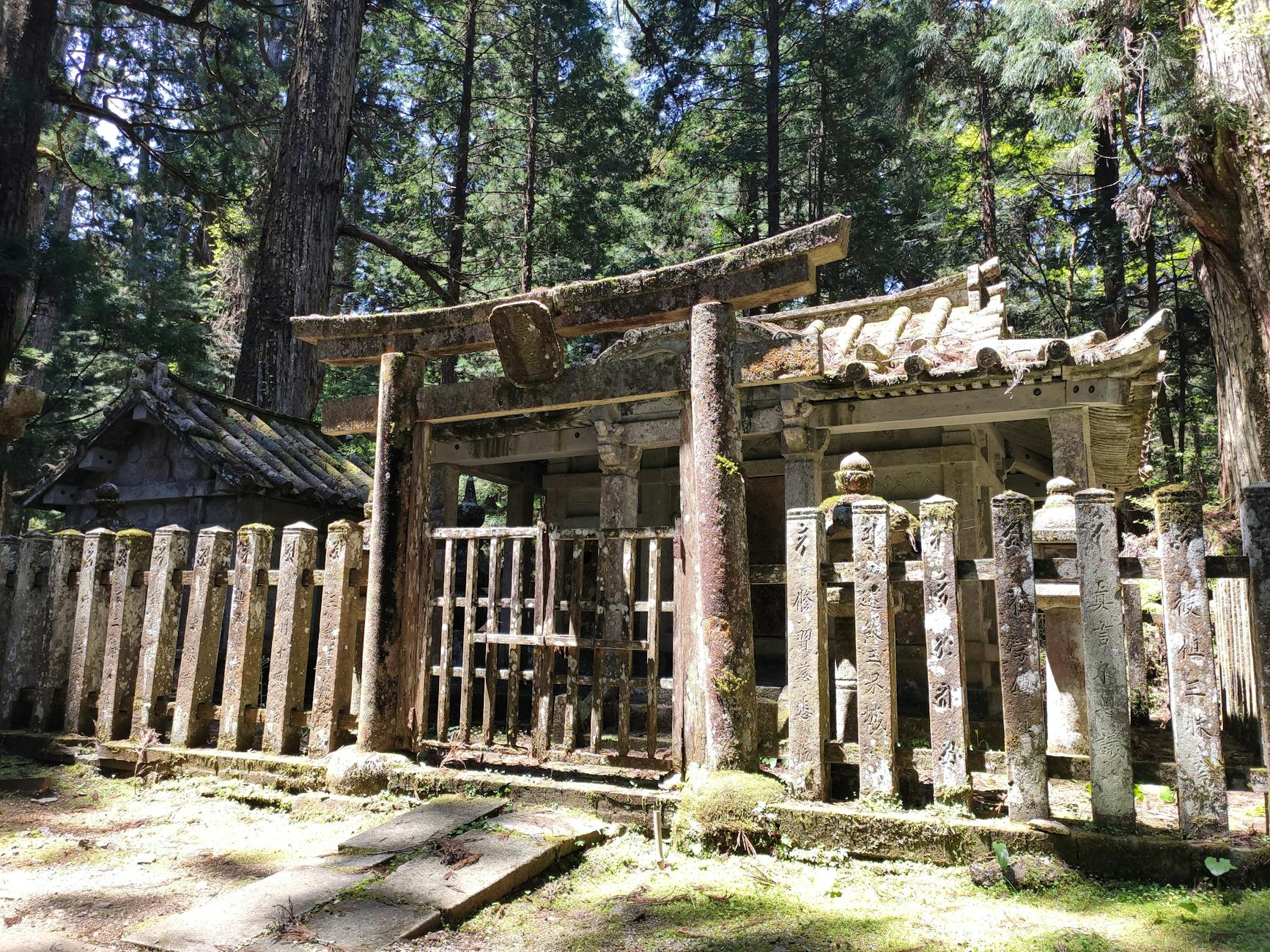 Explore the serenity of an ancient shrine amidst the forest in Koya, Japan.