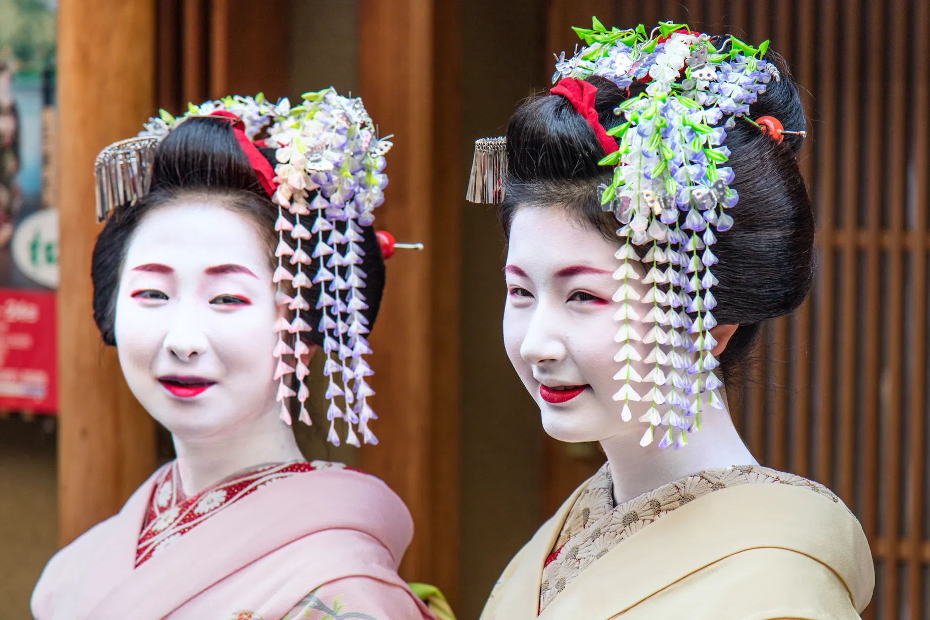 Elegant portrait of two geisha in traditional attire in Kyoto, Japan.