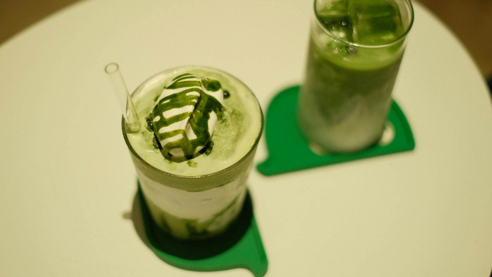 Two iced matcha lattes at a Japanese cafe