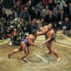 Sumo wrestlers compete in a traditional match inside a Tokyo arena