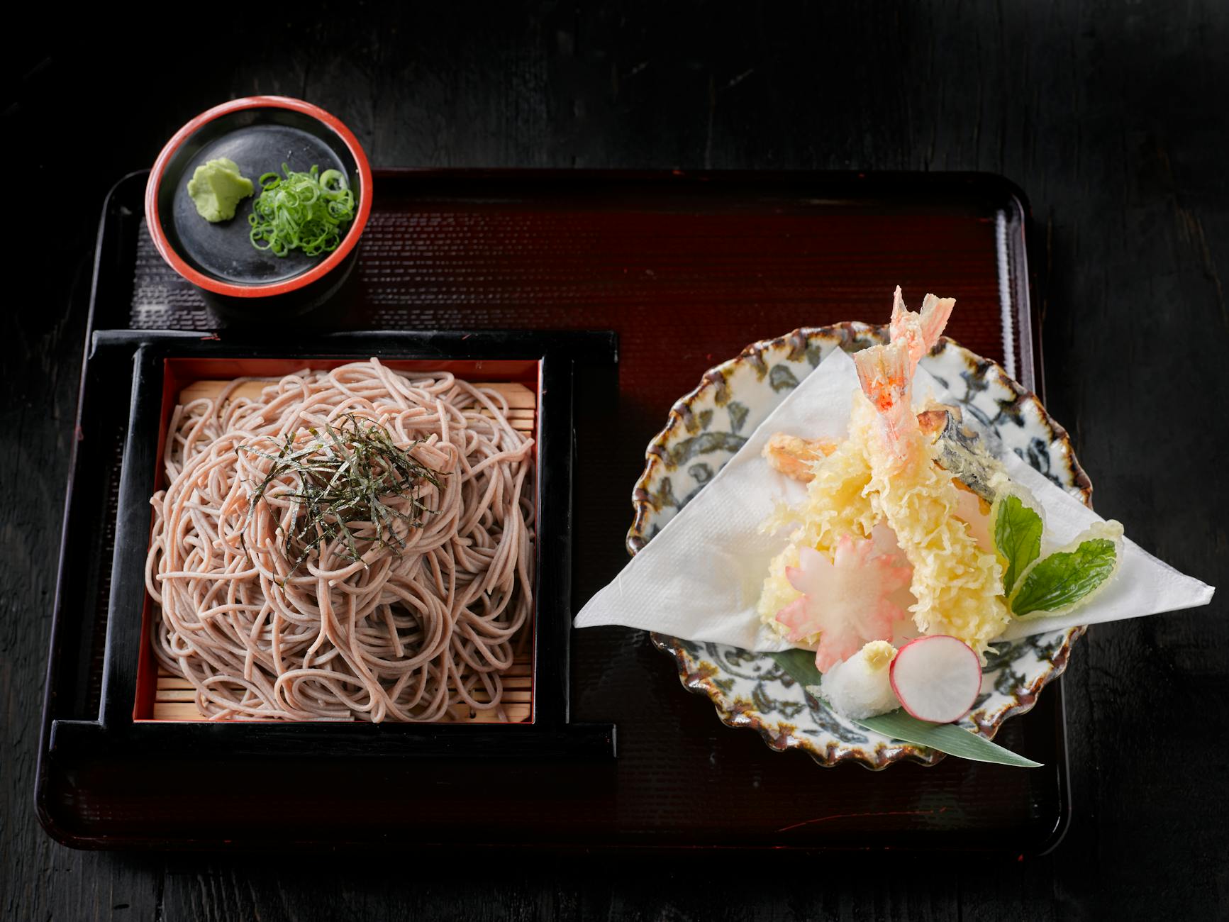 Traditional Japanese meal with soba noodles and crispy tempura