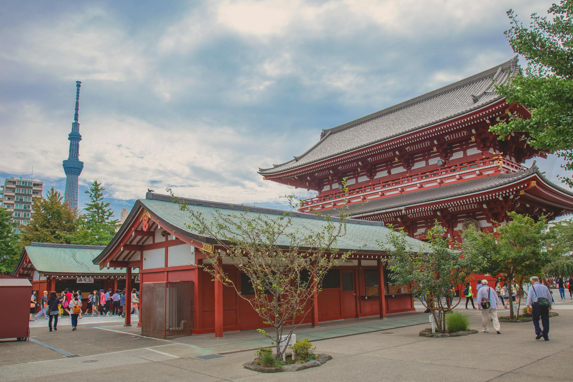 Scenic view of Sensoji Temple with Tokyo Skytree in Taito City, Tokyo, Japan.