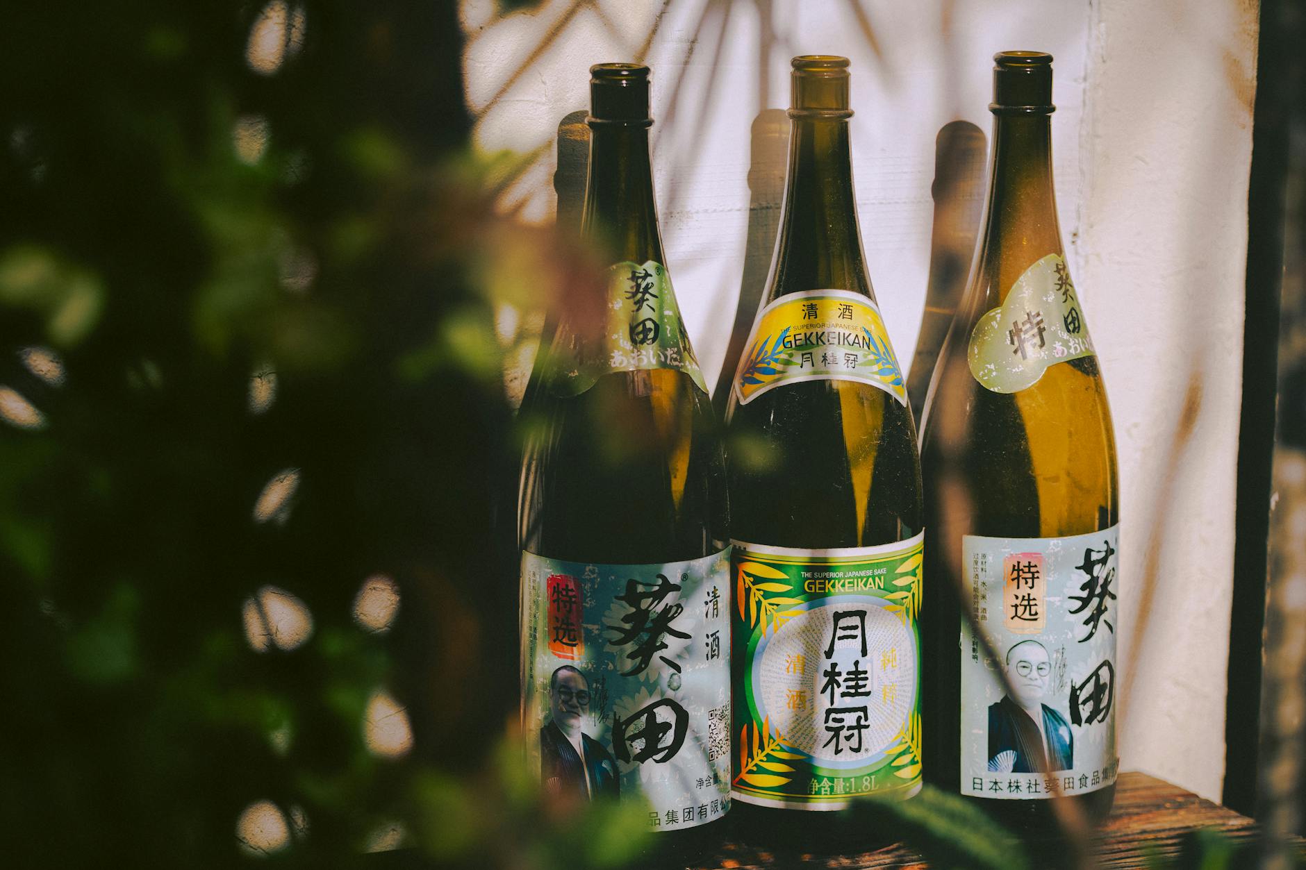 Traditional Japanese sake bottles in natural light
