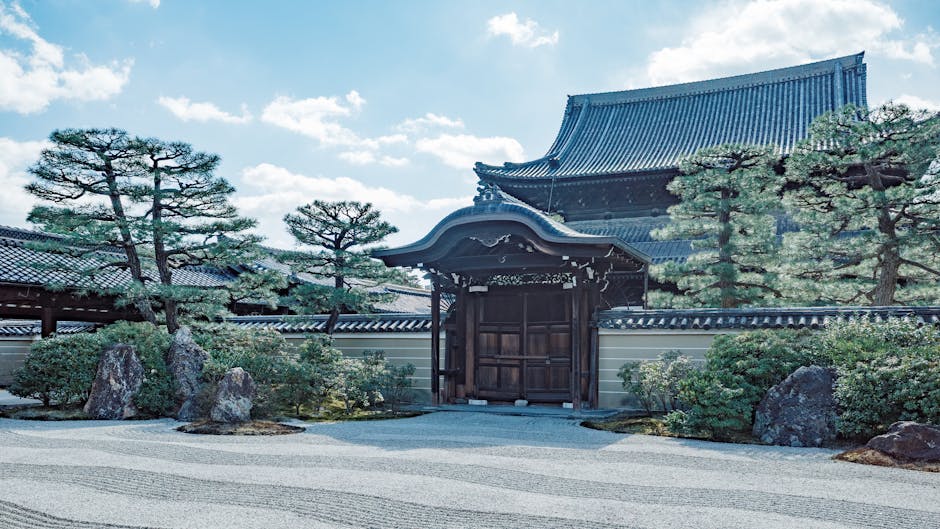 Traditional Japanese Zen garden and temple with wooden gate